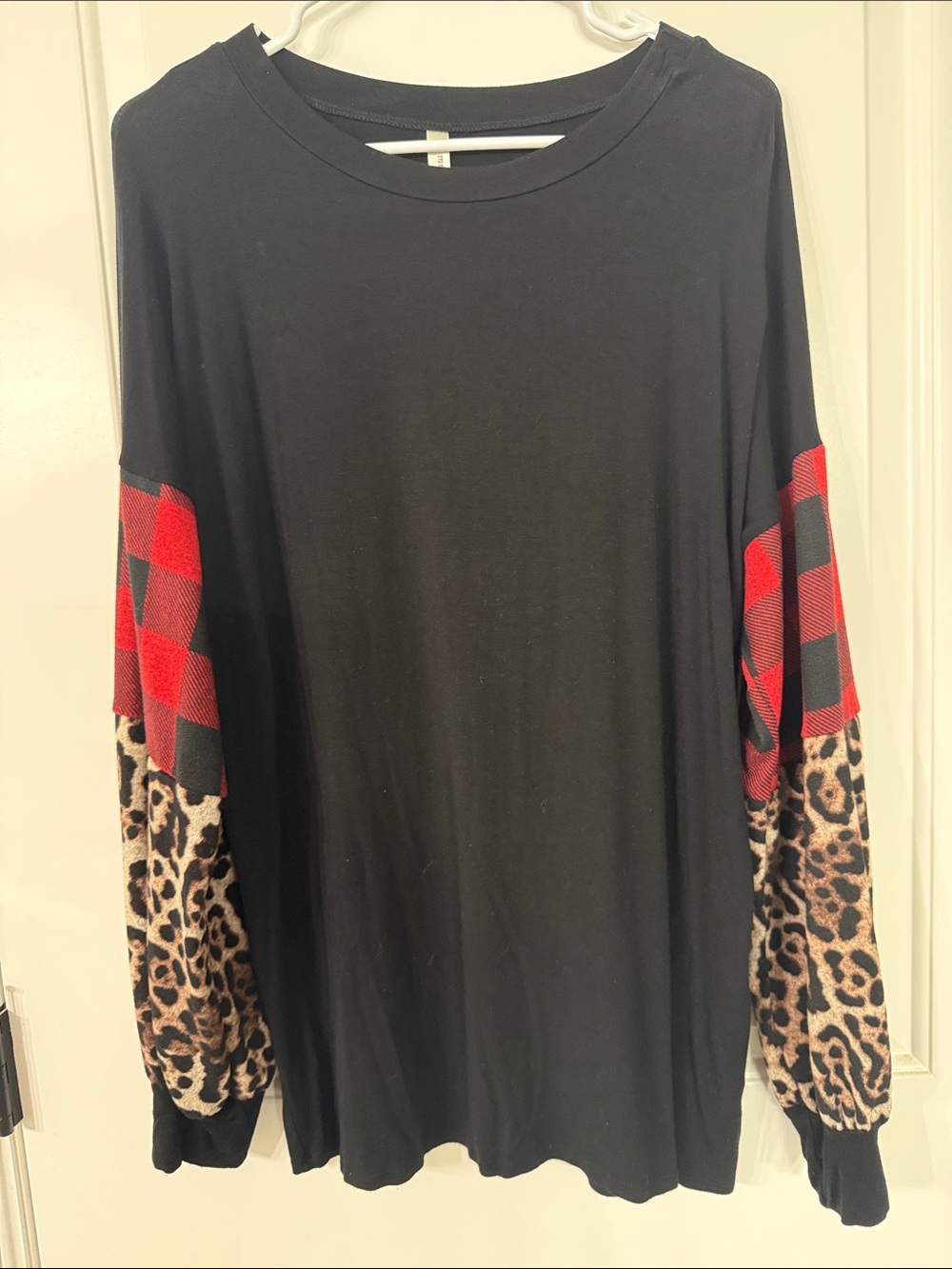 Magic Fit Black Long Sleeve Top with Red Buffalo Plaid and Leopard Sleeve Panels